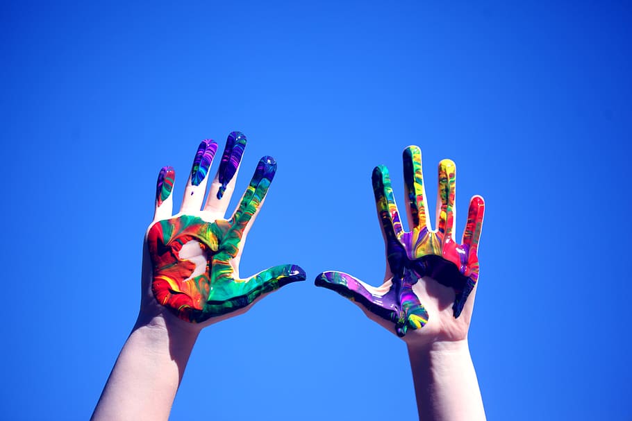 Person's Hands With Paint, colorful, colors, colourful, colours, HD wallpaper