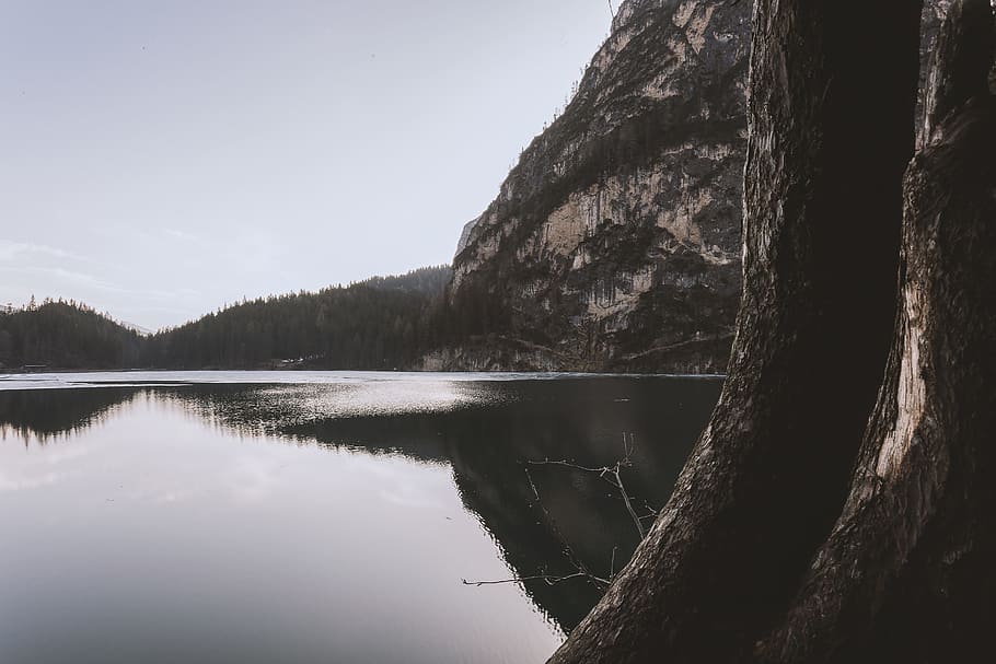 black, gray, lakes, landscapes, mountains, rocks, trees, water HD wallpaper