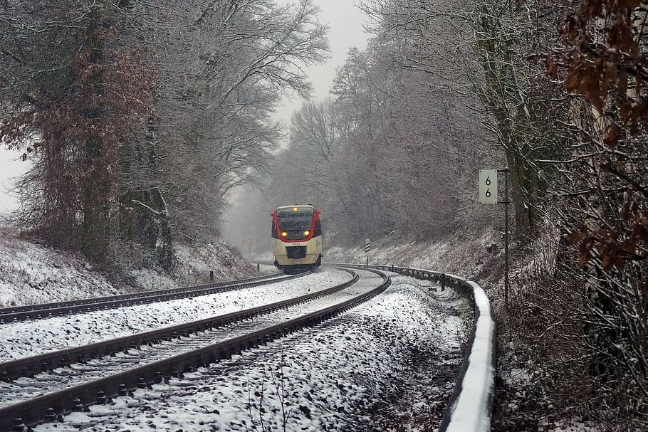 winter, snow, train, cold, wintry, railway, nature, landscape HD wallpaper