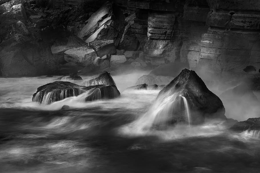 body of water, long exposure, black and white, flow, wave, rock HD wallpaper