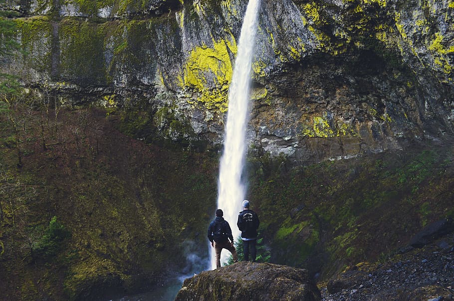 flow, waterfall, speed, mountain, nature, hike, hiking, rock HD wallpaper