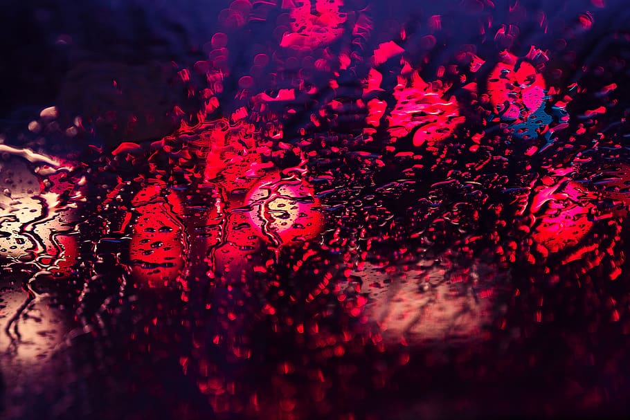 rain, water, light, reflection, night, red, illuminated, close-up HD wallpaper