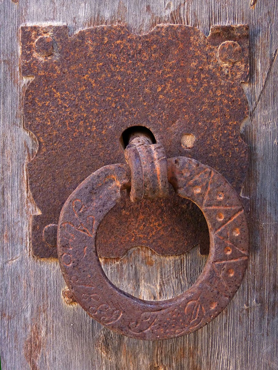 aldaba, door, open, old, crafts, lock, wrought iron, wood, metal, HD wallpaper