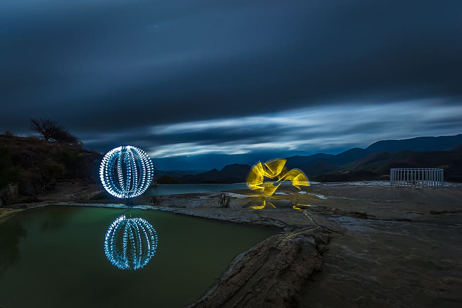 Two Yellow and White Lights during Nighttime, clouds, evening HD wallpaper