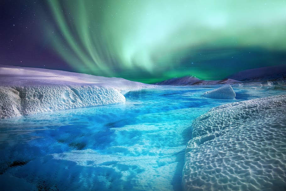 aurora borealis, snow, lights, night, ice, river, landscape HD wallpaper