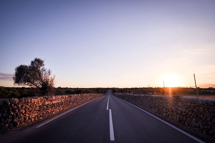 spain, majorca, road, sunset, transportation, sky, direction HD wallpaper