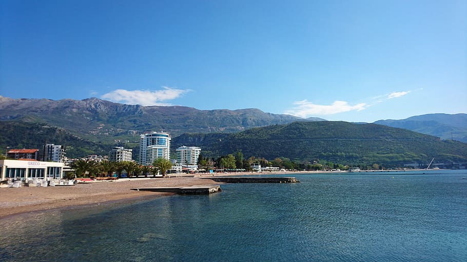 montenegro, budva, city, mountains, sea, bay, beach, sky, hotel, HD wallpaper