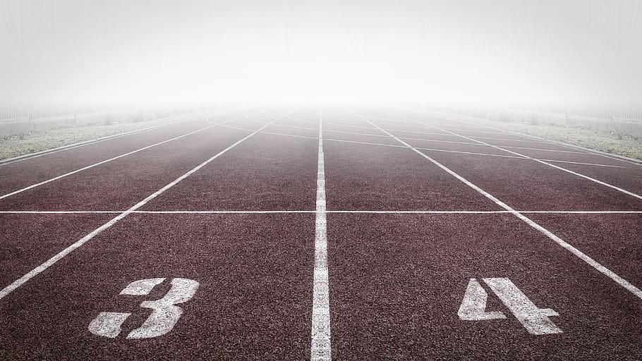 Brown and White Track Field, asphalt, empty, foggy, forward, goal line, HD wallpaper