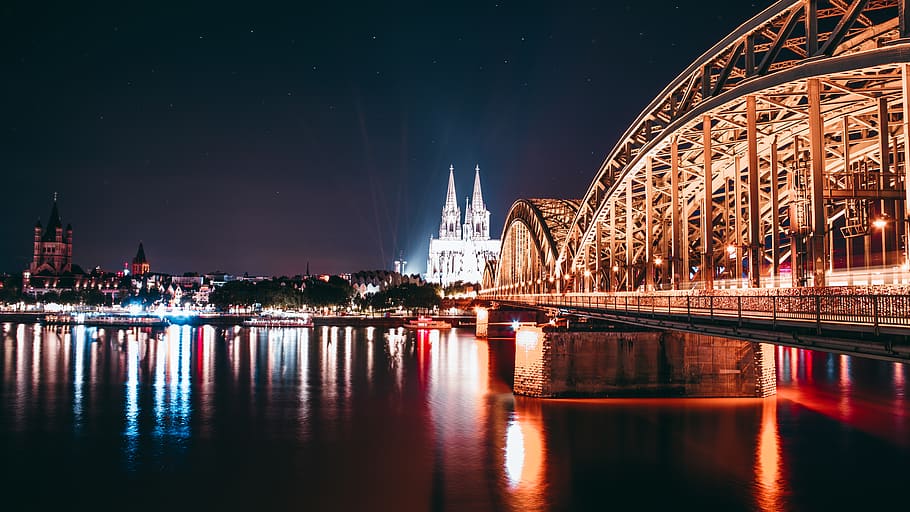 cologne, germany, lights, water, reflection, feels, night, cathedral HD wallpaper
