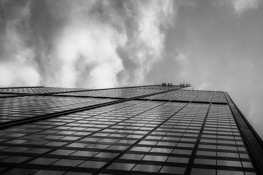 grayscale low angle photography of concrete building, city, town, HD wallpaper