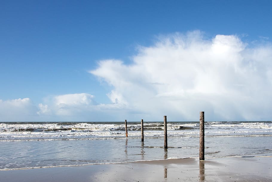 sea, sky, clouds, waves, the north sea, horizon, water, beach HD wallpaper