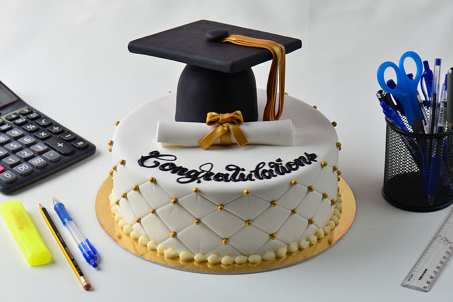 graduation cake, dessert, delicious, sweet, bake, birthday, HD wallpaper