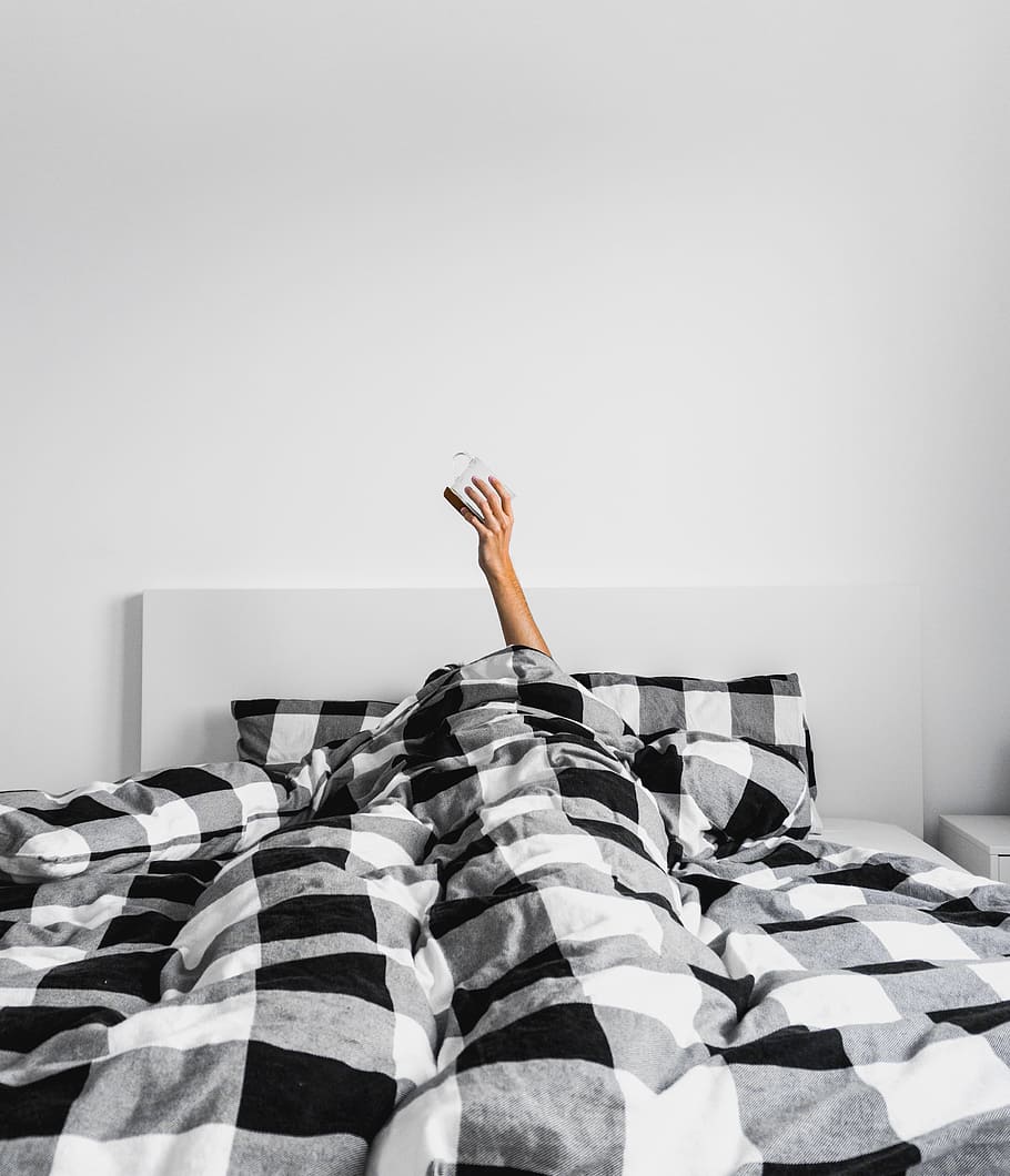 person lying on bed, coffee cup, hand, in bed, blanket, comforter HD wallpaper