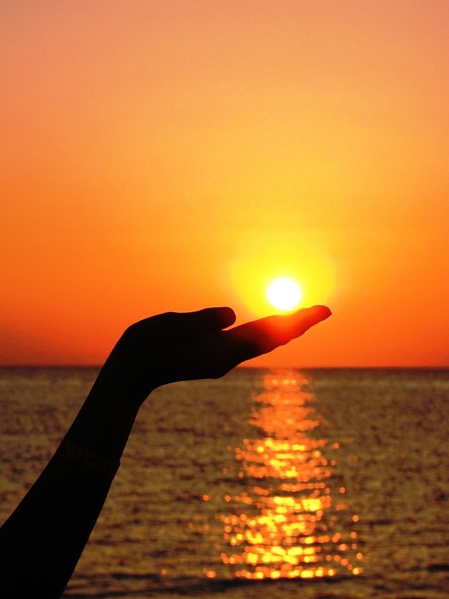Silhouette of Human Hand Holding the Sun Set Near Ocean Photography, HD wallpaper