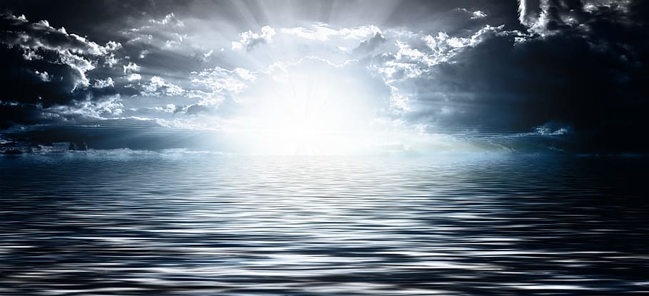 sea, clouds, sky, wave, water, night, horizon, light, twilight HD wallpaper