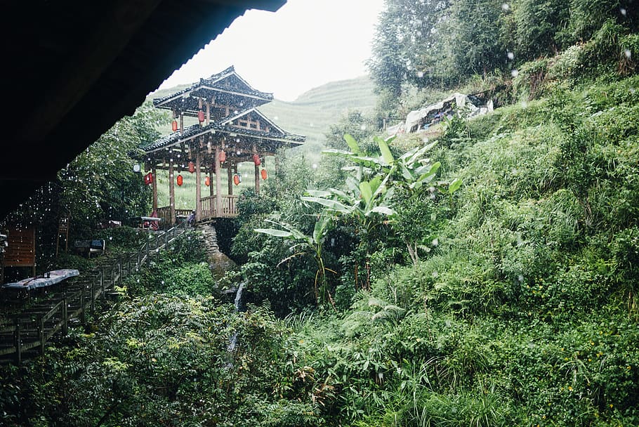 china, longsheng, guilin, pagoda, guangxi, asia, mountain, rain