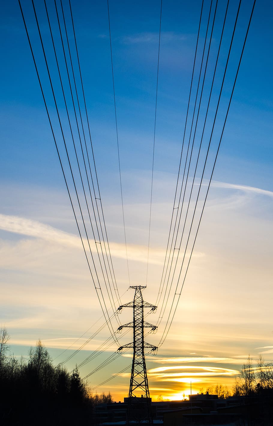 power lines, cable, boat, transportation, vehicle, electric transmission tower