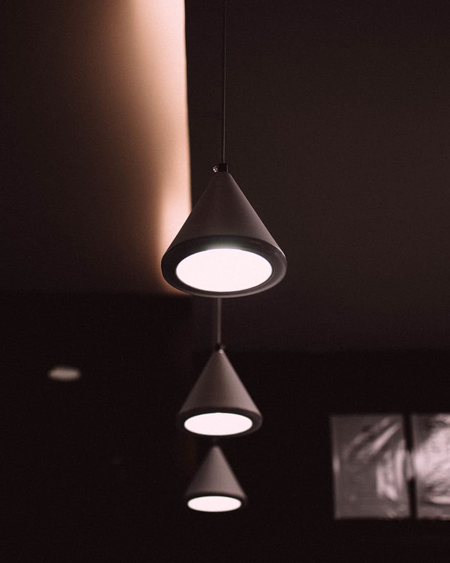Turned-on 3-light Pendant Lamps, close-up, dark, design, electricity HD wallpaper