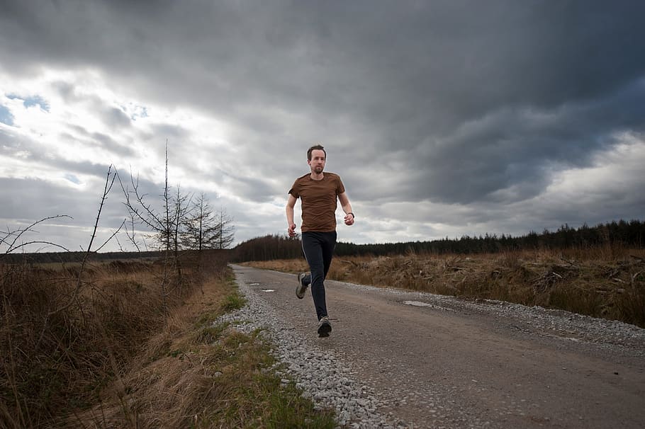 people, man, exercise, jogging, sport, run, road, green, grass HD wallpaper