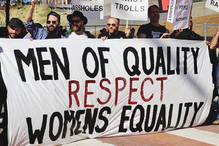 people, men, rights, protest, equality, sign, march, text, western script HD wallpaper