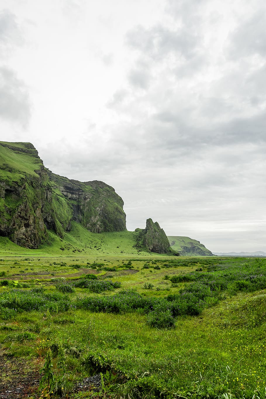 iceland, rocks, mountains, cliff, cliffs, gras, grass, sky HD wallpaper