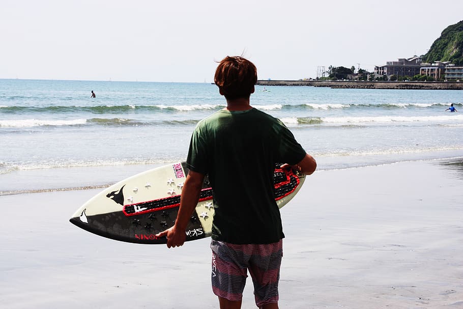 sea, surfing, surfboard, wave, sea wave, japan, water, rear view HD wallpaper