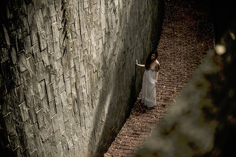 stones, walls, flooring, bricks, people, girl, woman, lady HD wallpaper