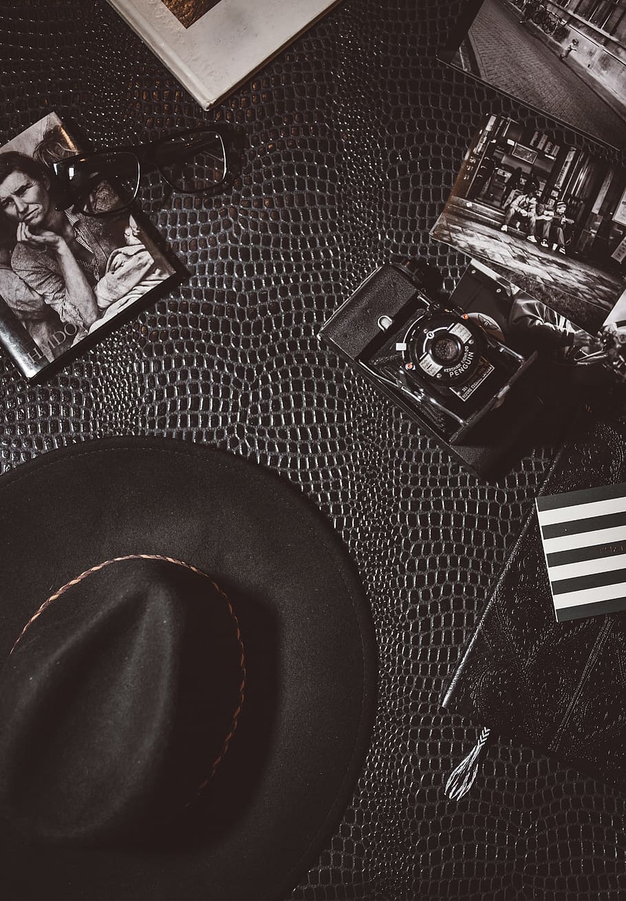camera, lens, photography, cap, black, hat, leather, wallet HD wallpaper