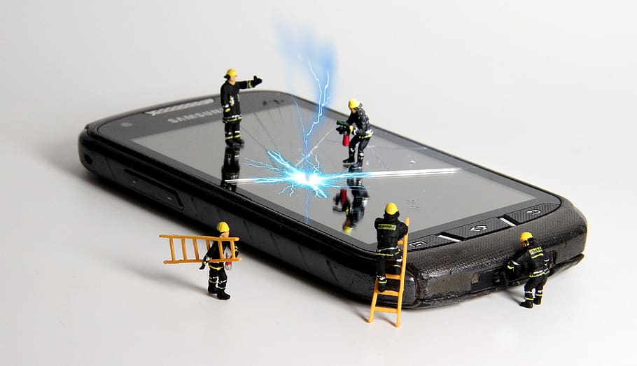 smartphone, fire, miniature figures, repair, flash, smoke, mobile phone