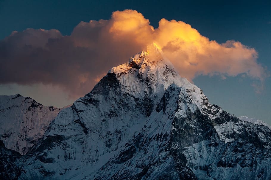 mountain covered by snow, orange, ama dablam, khumbu, blue, yellow, HD wallpaper