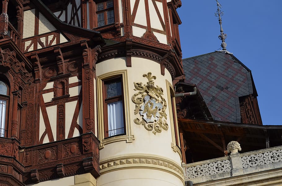 castle, eagle, architecture, royal, symbol, peles, sinaia, built structure HD wallpaper