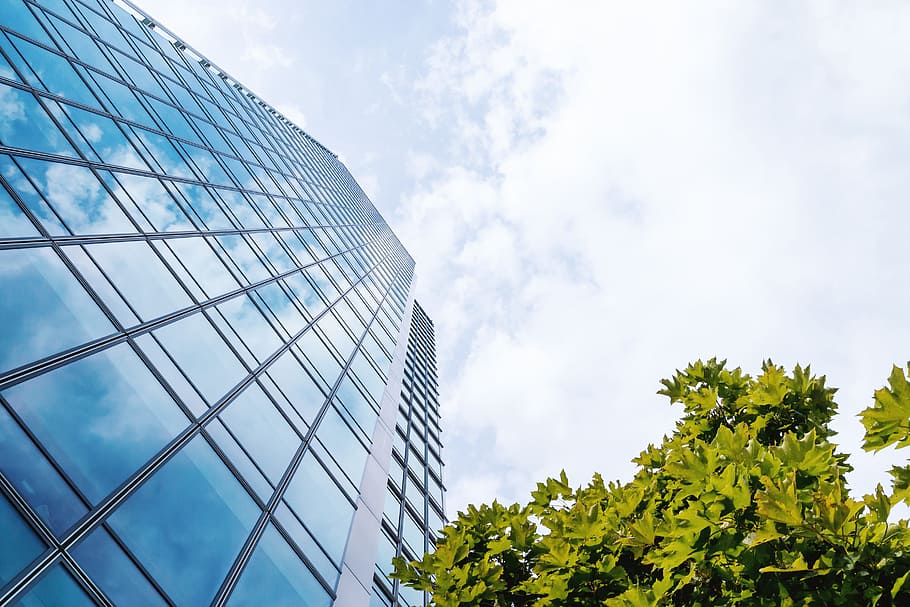 Amazing view from bottom. Windows of office building and sky with clouds HD wallpaper