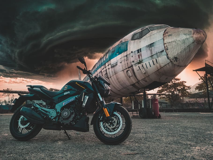 Photo of Motorcycle Near Airplane, abandoned, asphalt, clouds, HD wallpaper