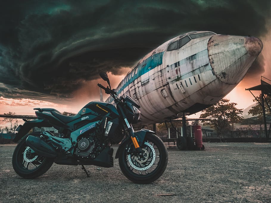 Photo of Motorcycle Near Airplane, abandoned, asphalt, clouds HD wallpaper