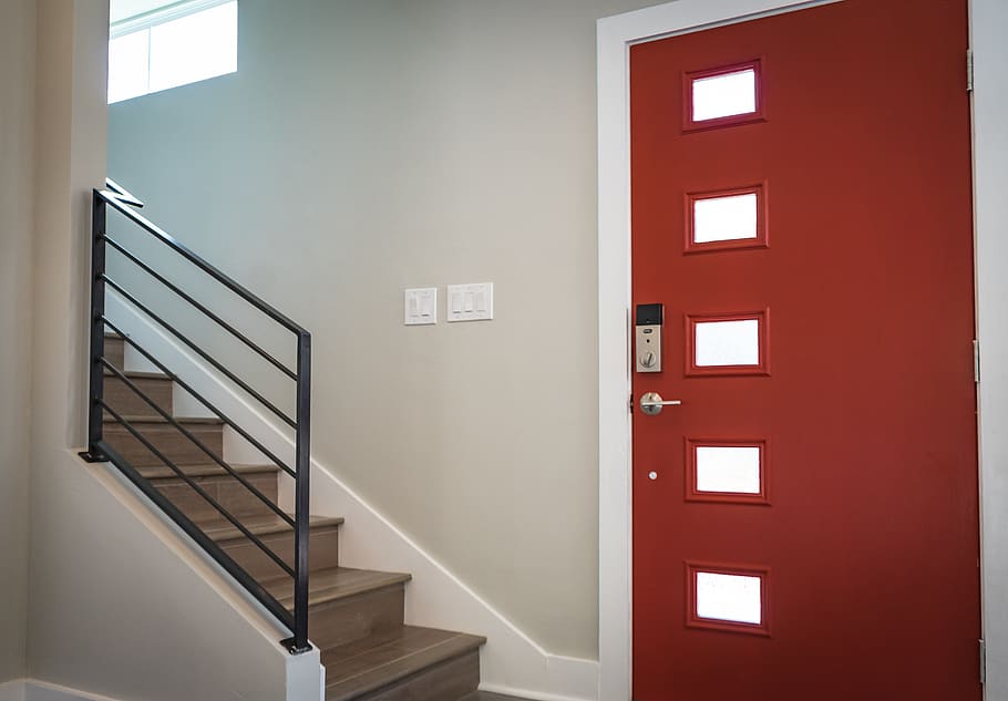 Red Wooden Door Beside Stairs, apartment, architecture, contemporary