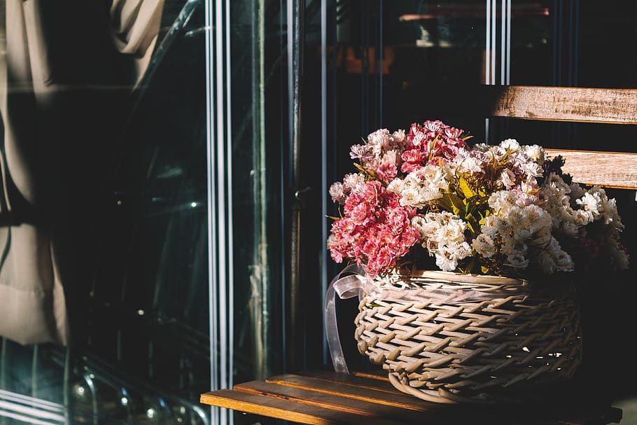 white and pink flower on brown wicker basket, plant, flower arrangement, HD wallpaper