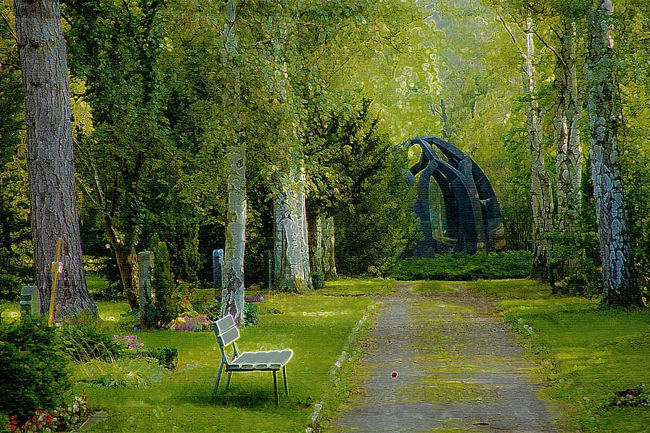 painting, bench, cemetery, trees, garden, watercolor, artwork HD wallpaper