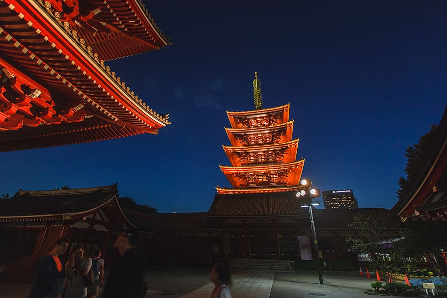 japan, taitō, asakusa, night, temple, tokyo, red, blue, building
