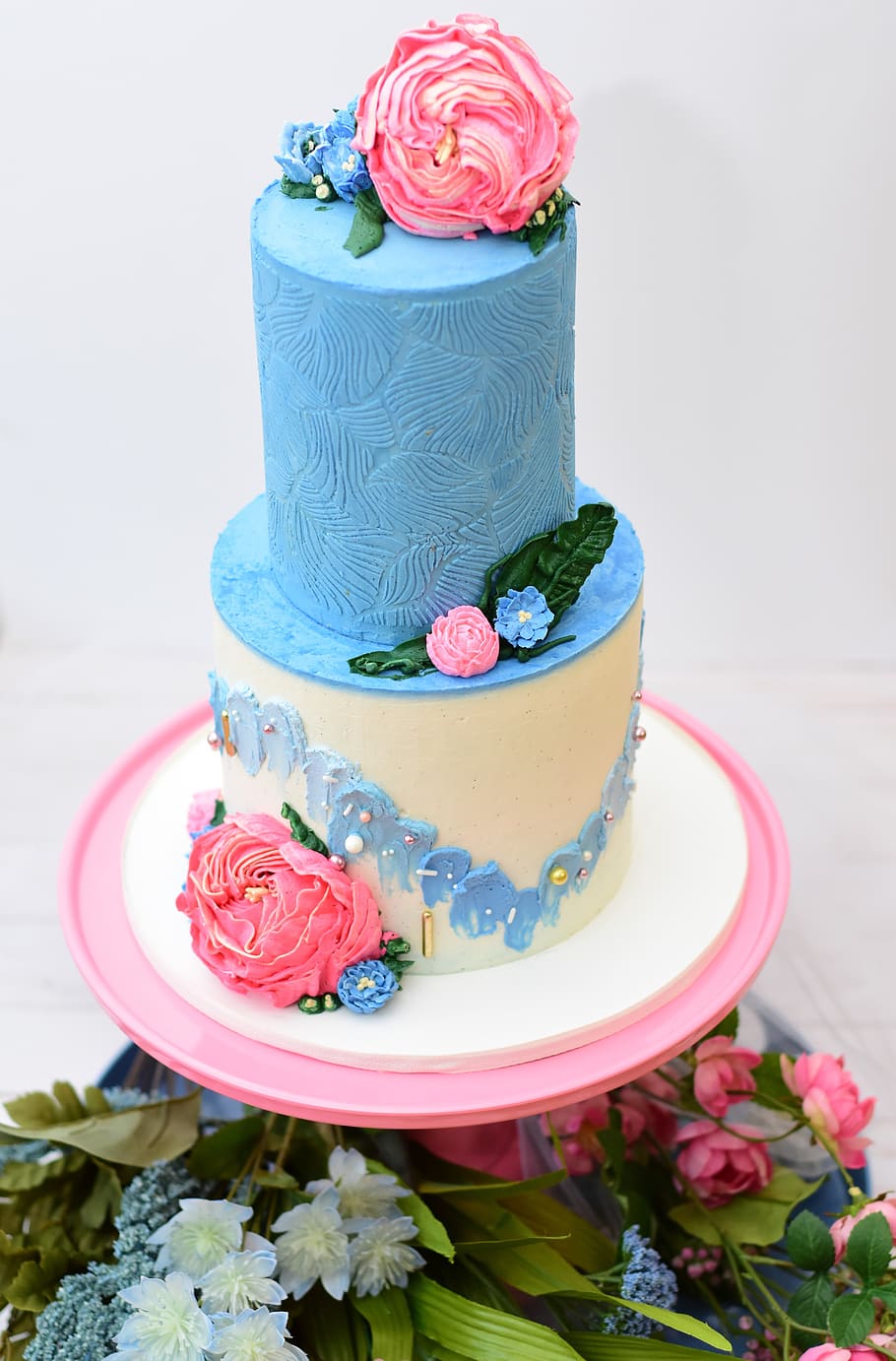 2 tier cake, flowering plant, sweet food, pink color, freshness HD wallpaper