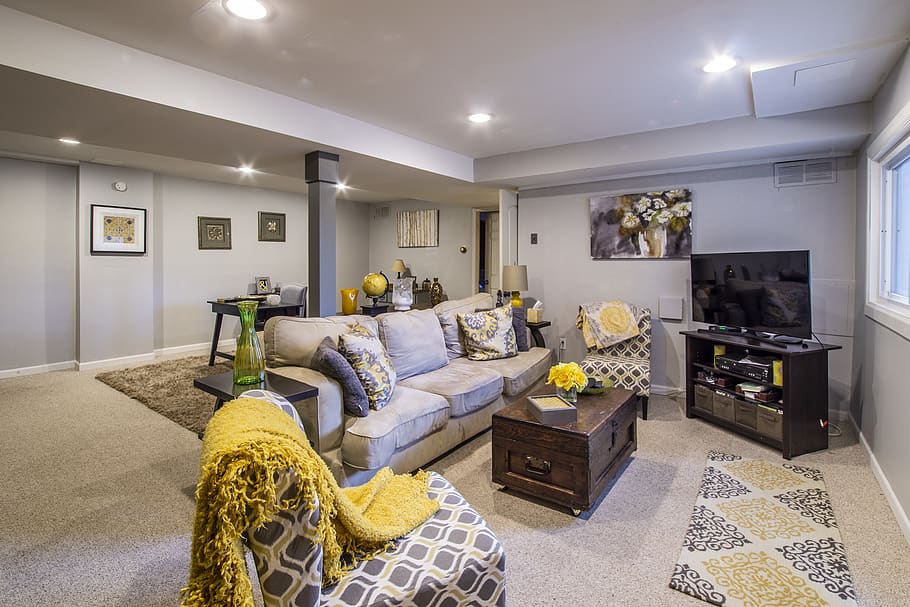 Gray Fabric 3-seat Sofa Near Black Flat Screen Tv, ceiling, chairs HD wallpaper