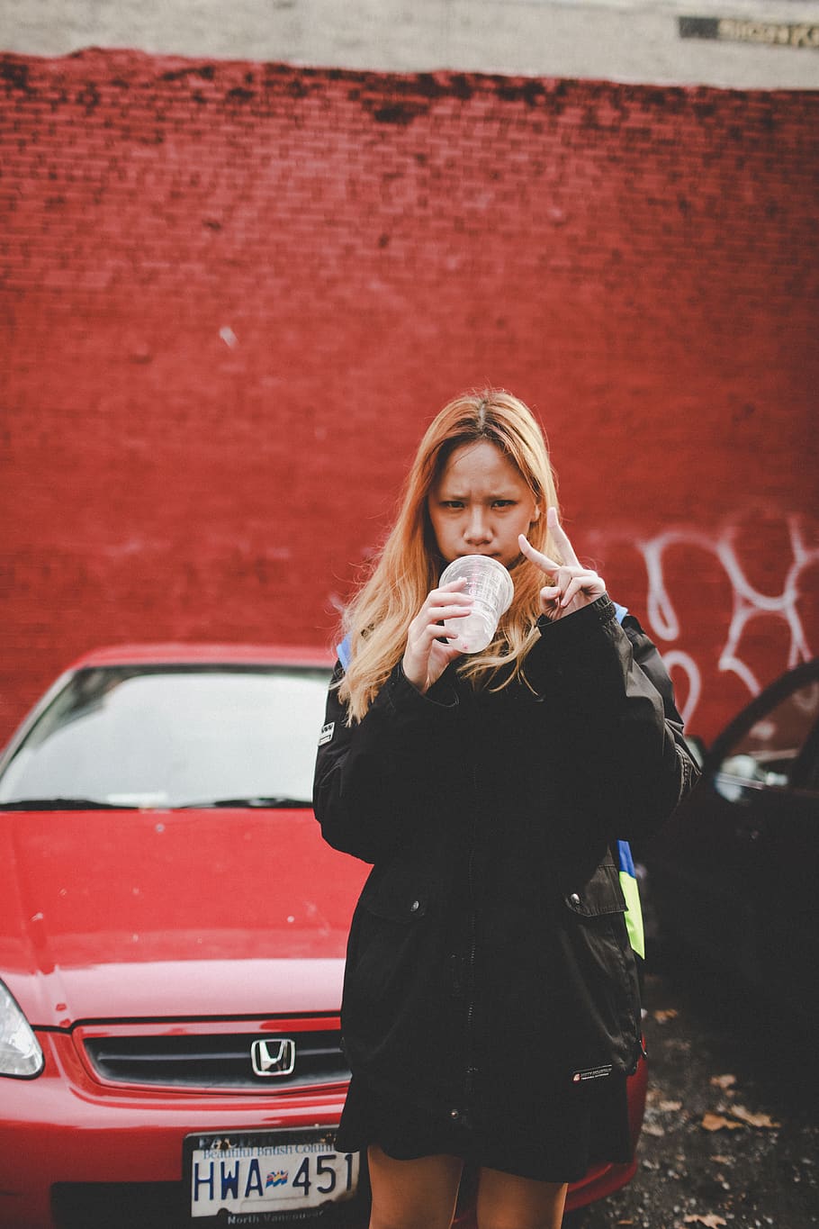 Woman Holding Plastic Cup Beside Red Honda Vehicle, car, cute HD wallpaper