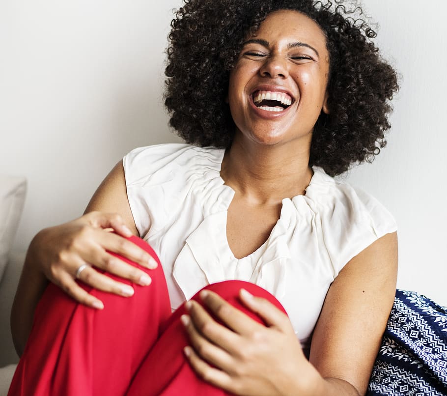 Woman Wearing White Sleeveless Top And Red Bottoms Laughing, beautiful HD wallpaper