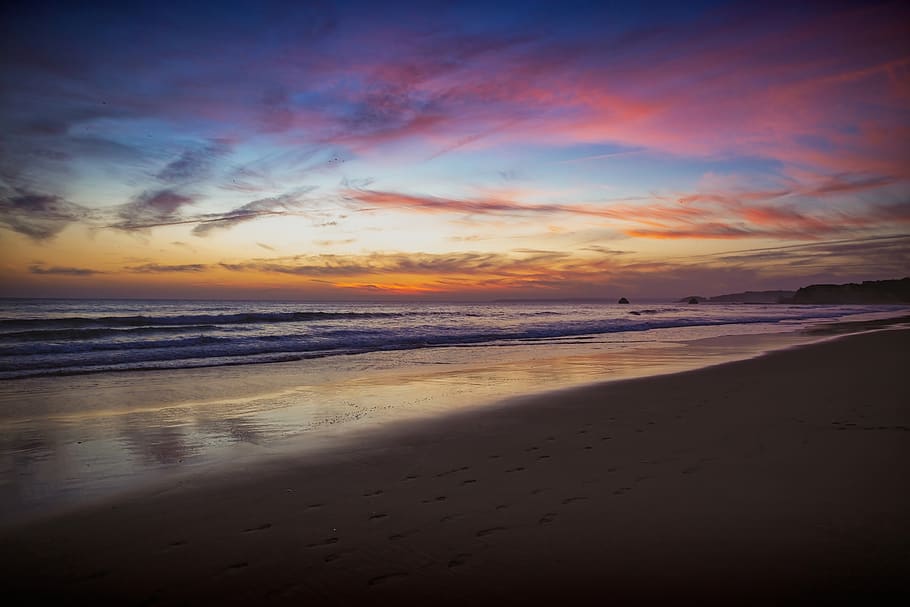 sunset, beach, sea, ocean, water, dusk, sky, orange, abendstimmung HD wallpaper