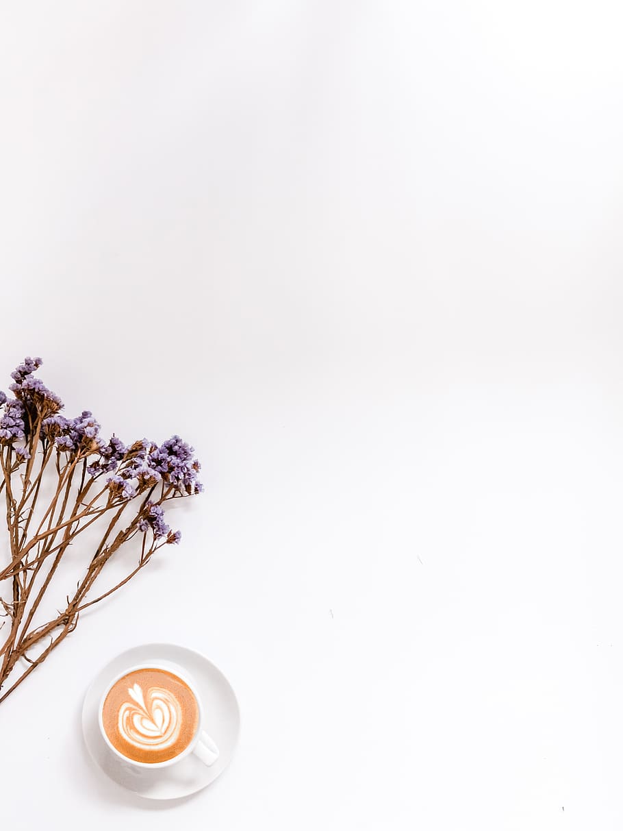 flat-lay photography of latte on white mug, plant, lavender, pottery, HD wallpaper