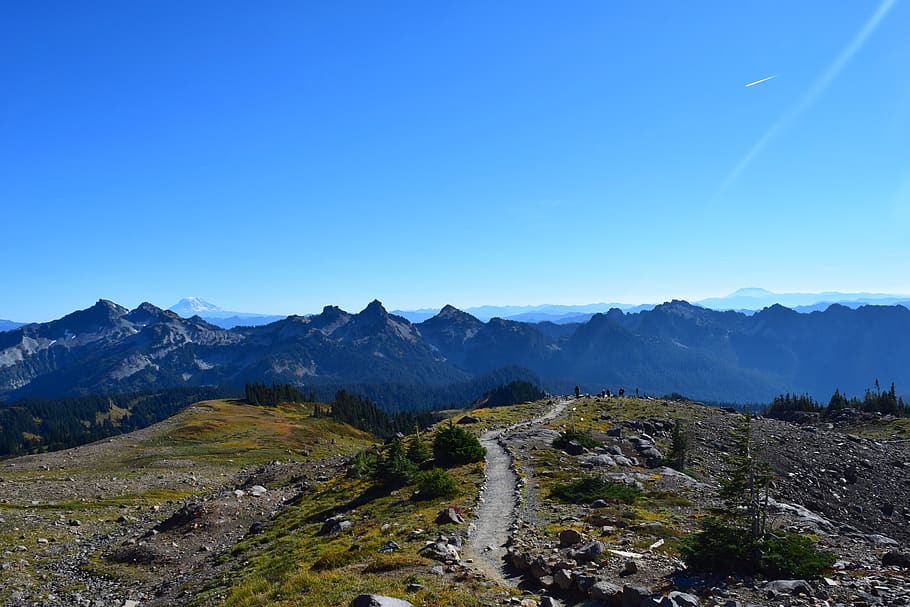 mountains, trail, path, hiking, morning, sunlight, sky, blue HD wallpaper