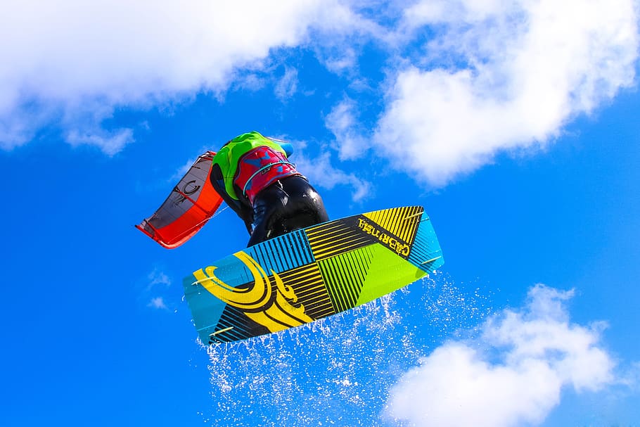 Person Doing Kite Boarding, action, adventure, beach, blue sky, HD wallpaper