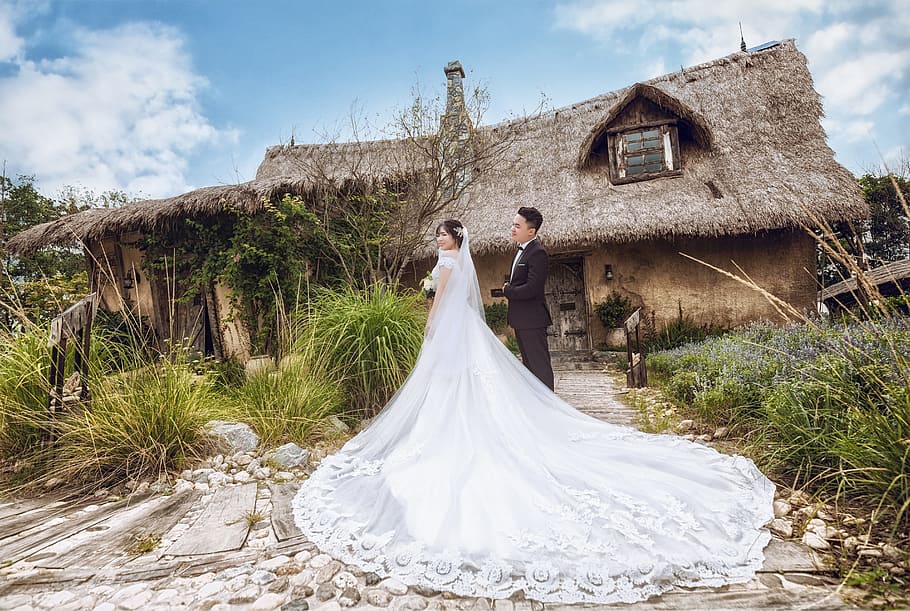 Man and Woman Wearing Wedding Outfits, adult, beautiful, bouquet