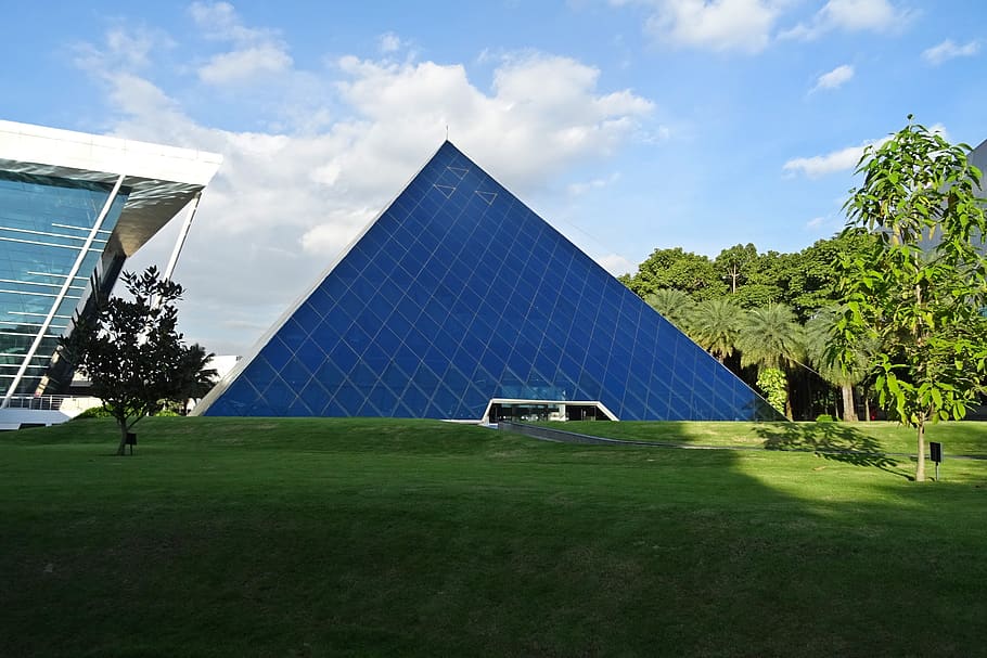 Blue Pyramid Building, architecture, art, clouds, contemporary HD wallpaper