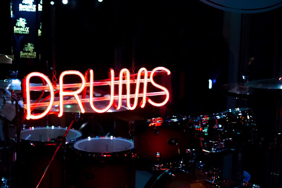 neon, sign, lights, drums, illuminated, night, text, communication HD wallpaper