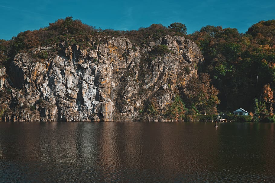 france, dinan, forest, tree, cliff, rocks, house, hut, river HD wallpaper